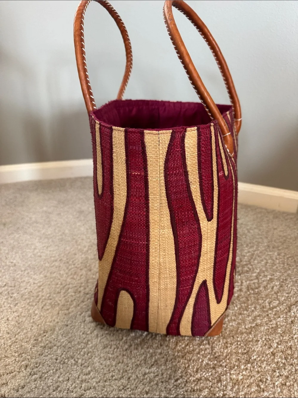 Woven Stripe Tote Bag in Burgundy and Tan